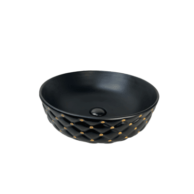 Matt Black& Gold Round Ceramic Above Counter Basin W425xD425xH145mm