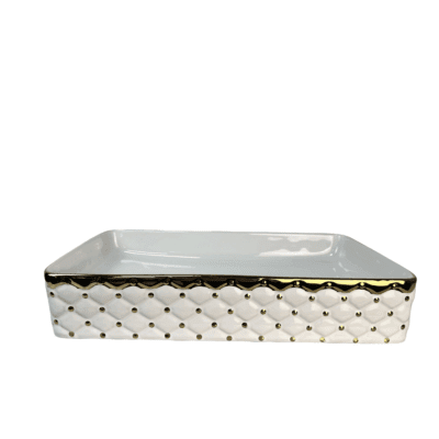 Glossy White & Gold Rectangle Ceramic Above Counter Basin W610xD335xH120mm