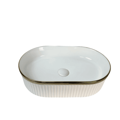 Glossy White & Gold Oval Ceramic Above Counter Basin W500xD320xH130mm